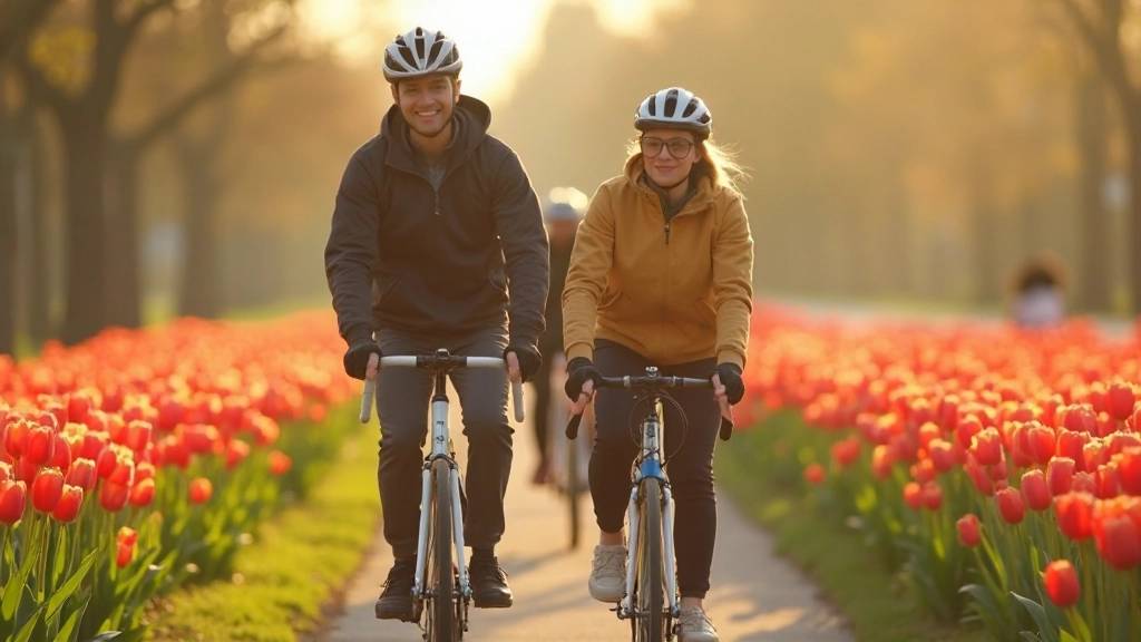 Nederlandse fietsers op een zonnige dag langs een landweg met bloeiende tulpenvelden op de achtergrond, klassieke Nederlandse scène