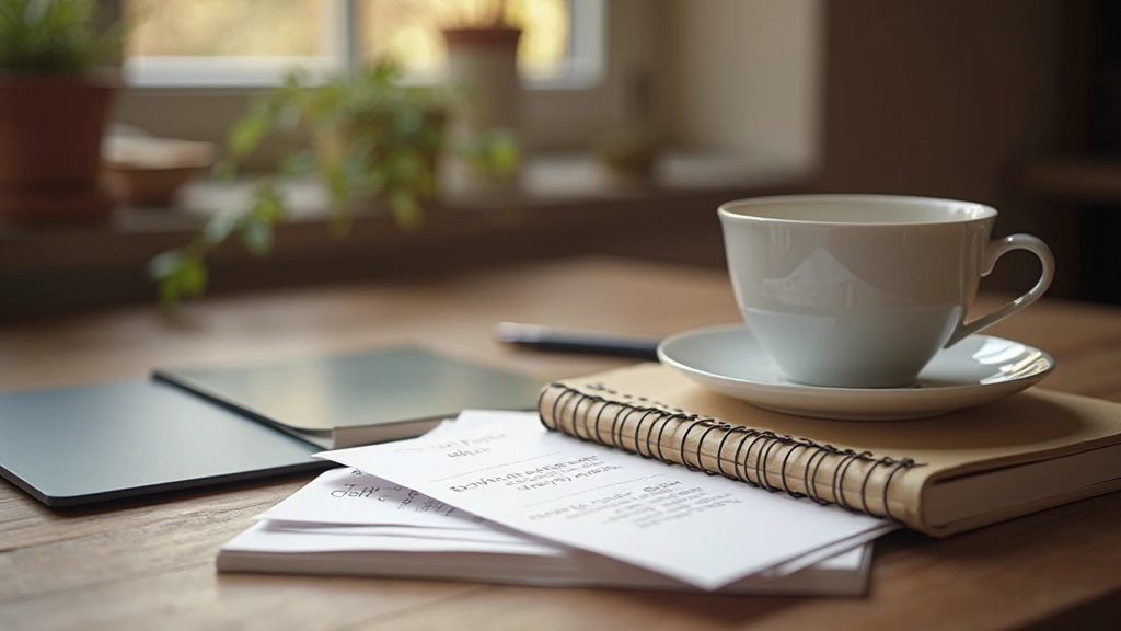 Foto van Nederlandse grammaticaboeken en werkwoorden oefenkaarten op houten bureau met kopje koffie, natuurlijk licht van raam, gezellige leeromgeving