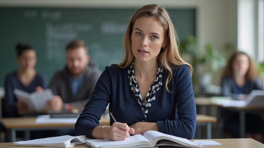 Professionele foto van Nederlandse taalleraar die werkwoorden uitlegt met boeken en notities op lessenaarbureau, heldere daglicht, vervagen achtergrond, GEEN tekst, GEEN watermerken