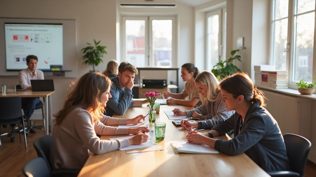 Leerlingen die Nederlands studeren in een interactieve klasomgeving