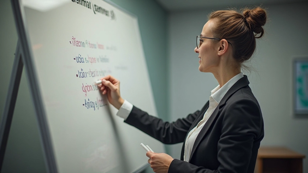 Onderwijzer die Nederlandse grammatica les geeft met whiteboard en educatief materiaal
