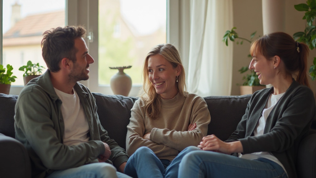 Drie diverse vrienden hebben een levendig Nederlands gesprek in een gezellige huiskamer met glimlachen en gebaren