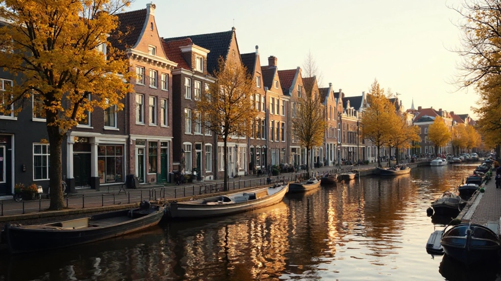 Traditionele Nederlandse huizen langs een kanaal met reflectie in het water, zonnig weer, klassieke architectuur