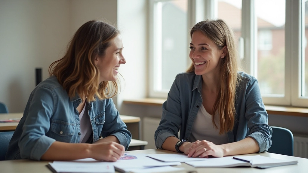Foto van twee Nederlandse taalstudenten in gesprek met behulp van werkwoordenkaarten en oefenmateriaal, vrolijk leermoment, moderne lesruimte met natuurlijk licht