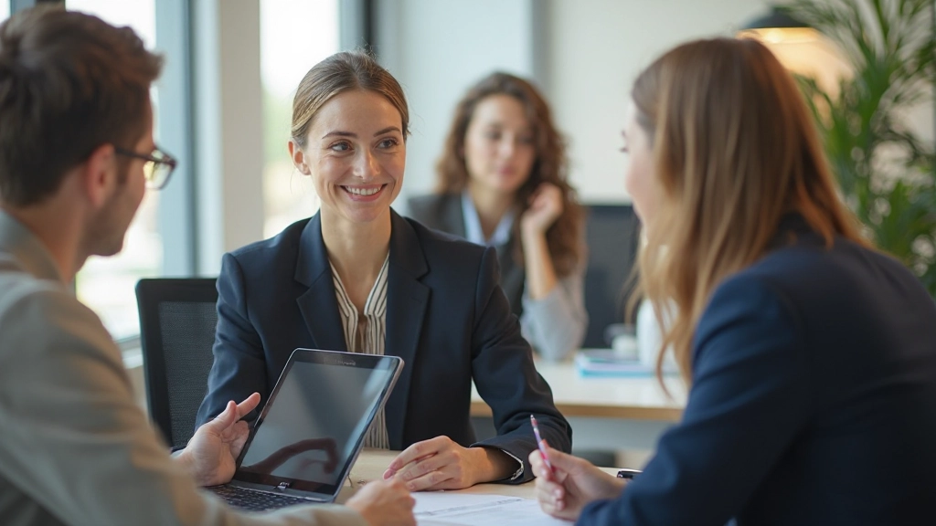 Jonge vrouw voert succesvol Nederlands gesprek met collega in kantoor, ziet er zelfverzekerd uit
