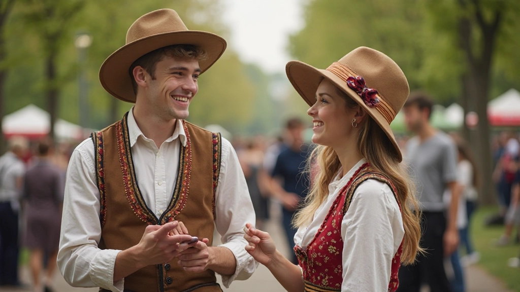 Jonge volwassenen in traditioneel Nederlands kostuum op een cultureel festival, authentieke atmosfeer, groene landschap op achtergrond