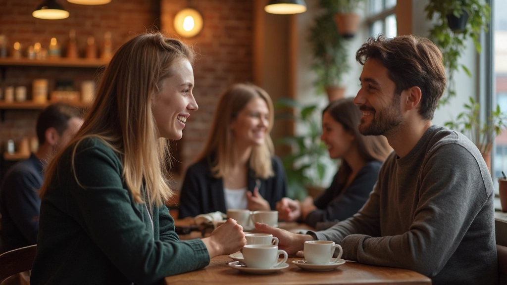 Jonge volwassene die Nederlands spreekt in een café met vrienden, gezellige sfeer, dagelijkse conversatie